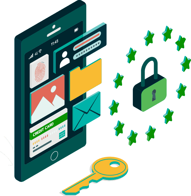 Illustration of mobile data security showing a smartphone with login credentials, credit card, email, and fingerprint icons, alongside a padlock surrounded by stars and a key symbolising GDPR compliance and digital privacy protection.