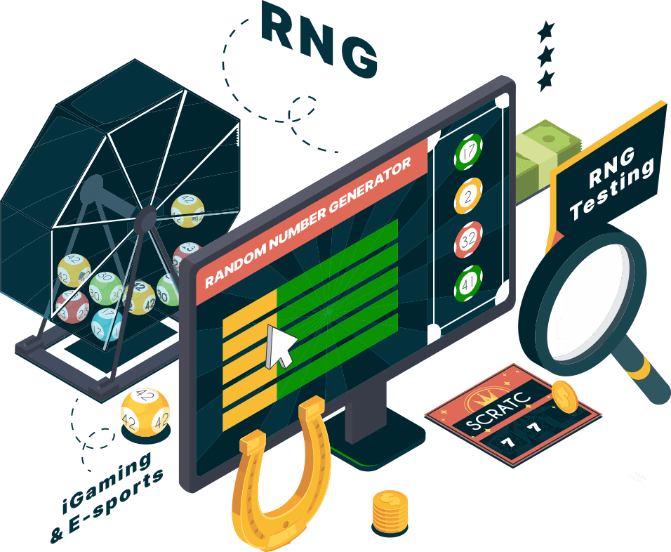 Isometric illustration of a digital RNG testing setup, featuring server components, data flows, and randomness analytics—representing Gaming Associates’ comprehensive random number generator testing services for iGaming fairness and compliance.