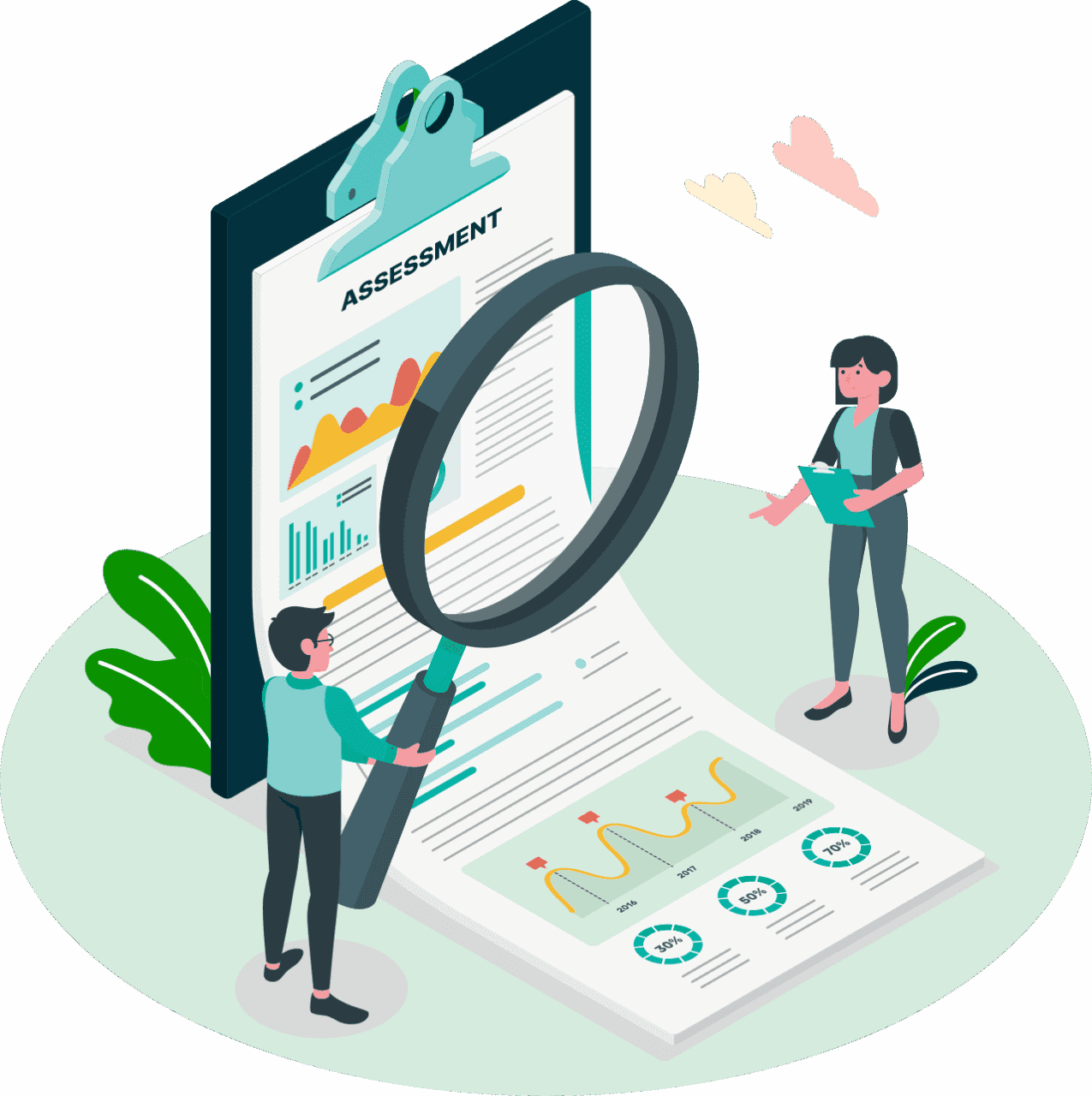 Remote Gaming Assessment - Illustration of analysts inspecting digital documents with a magnifying glass, representing detailed evaluation and thorough auditing of gaming platforms by Gaming Associates for regulatory integrity.
