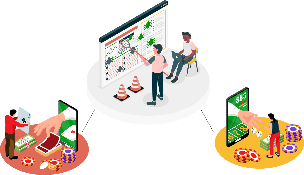 Casino Proxy Gaming - Graphic showing a presenter on stage and a handheld device displaying betting elements depicting Gaming Associates’ testing of live-presenter gaming platforms powered by automated RNG systems.