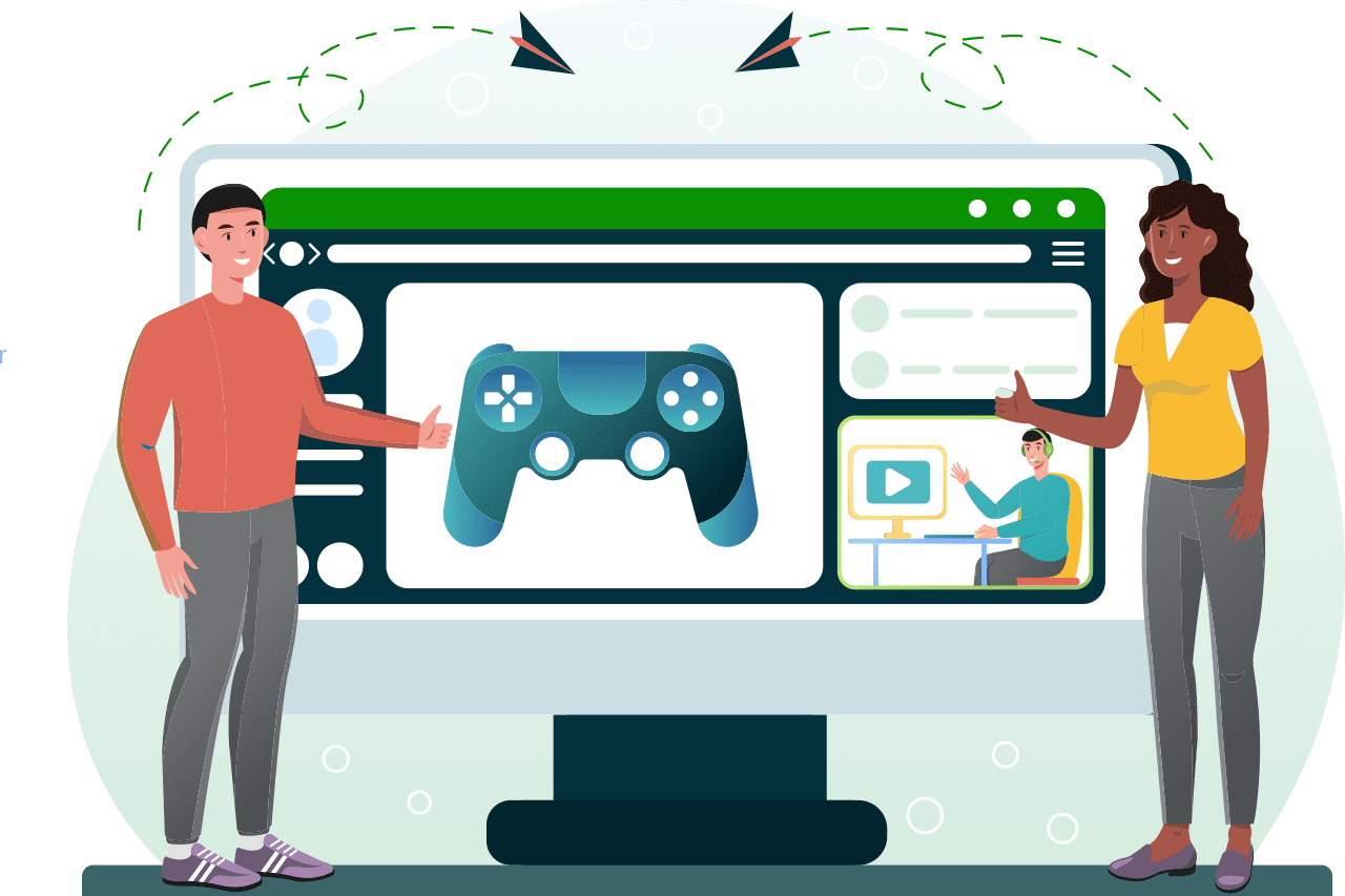 Illustration of a user evaluating RTP metrics on a large screen next to a game controller symbolizing Gaming Associates’ expertise in Return to Player testing and analysis for iGaming compliance.