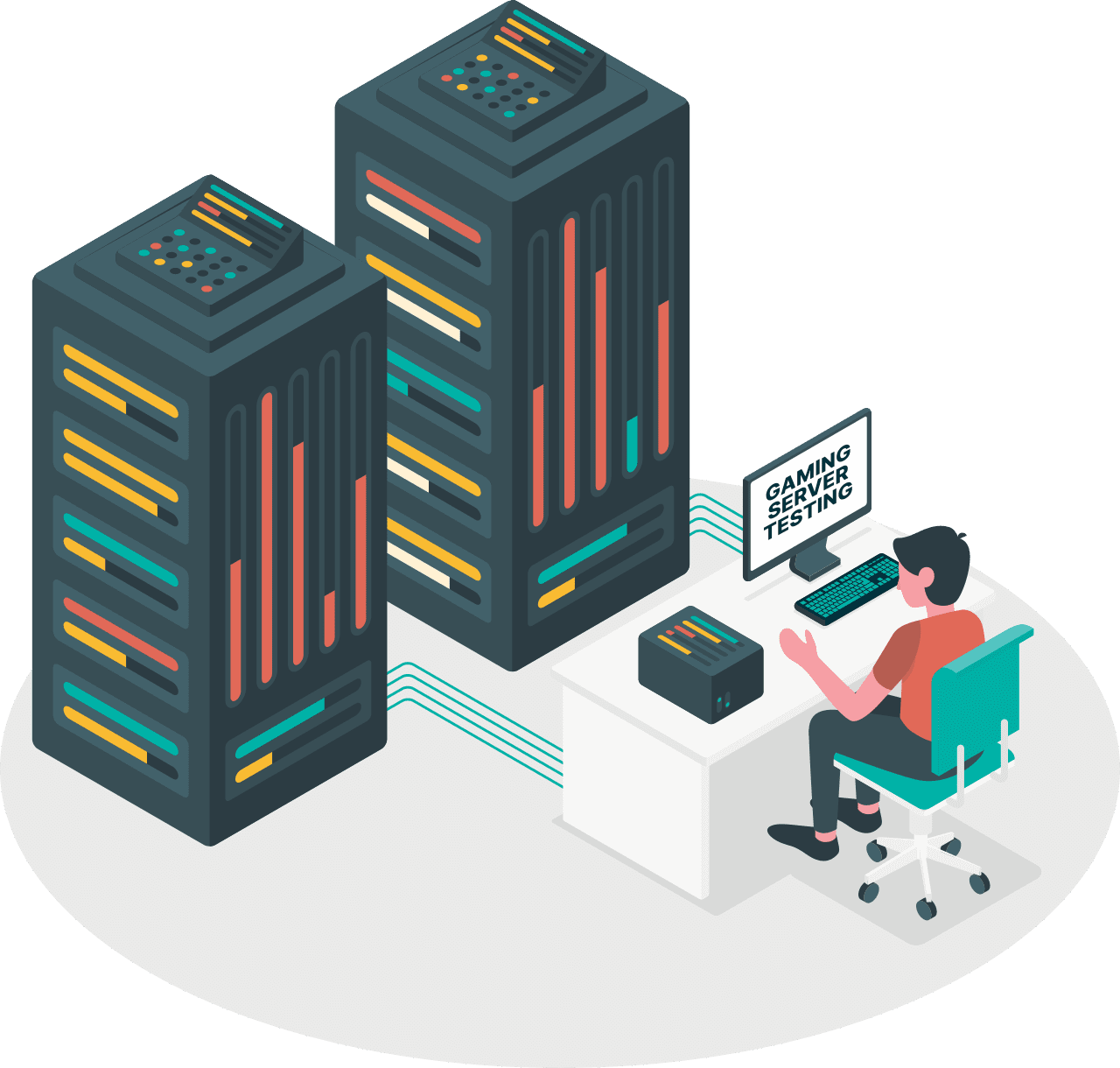 Illustration of server racks beside a technician at a desk, representing Gaming Associates’ Remote Gaming Server infrastructure testing and compliance services.