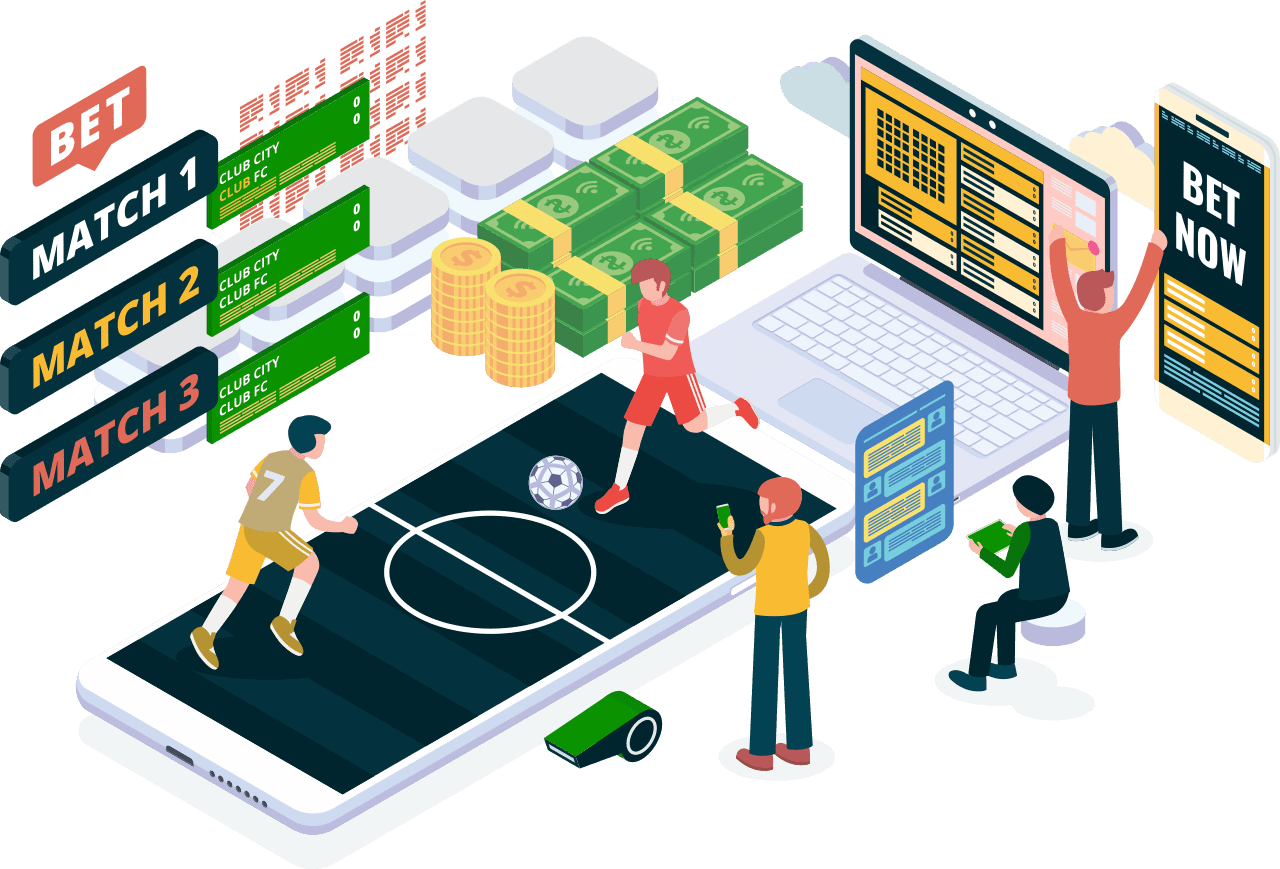 Sports Betting System - Isometric illustration of operators managing sports-betting systems with odds boards, cash flows, and analytics representing Gaming Associates’ testing of betting settlement, accuracy, and system integrity.