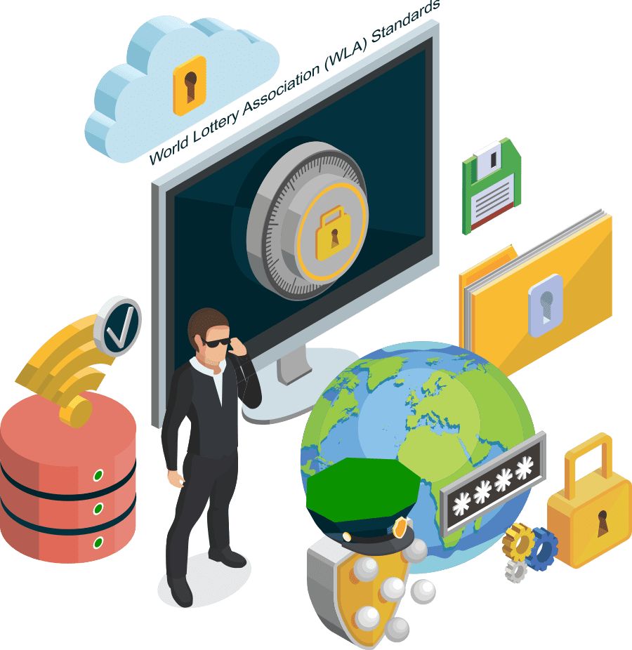 Illustration representing compliance with World Lottery Association (WLA) security standards, showing global data protection, encryption, and secure storage — reflecting Gaming Associates’ role in auditing and certifying lottery and gaming systems for regulatory compliance.