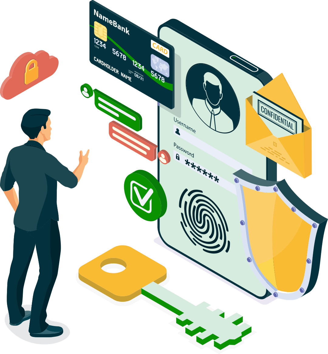 Illustration of a man interacting with a digital identity verification interface featuring fingerprint recognition, credit card info, password input, and shield protection symbolising user authentication, data privacy, and secure access in digital systems.