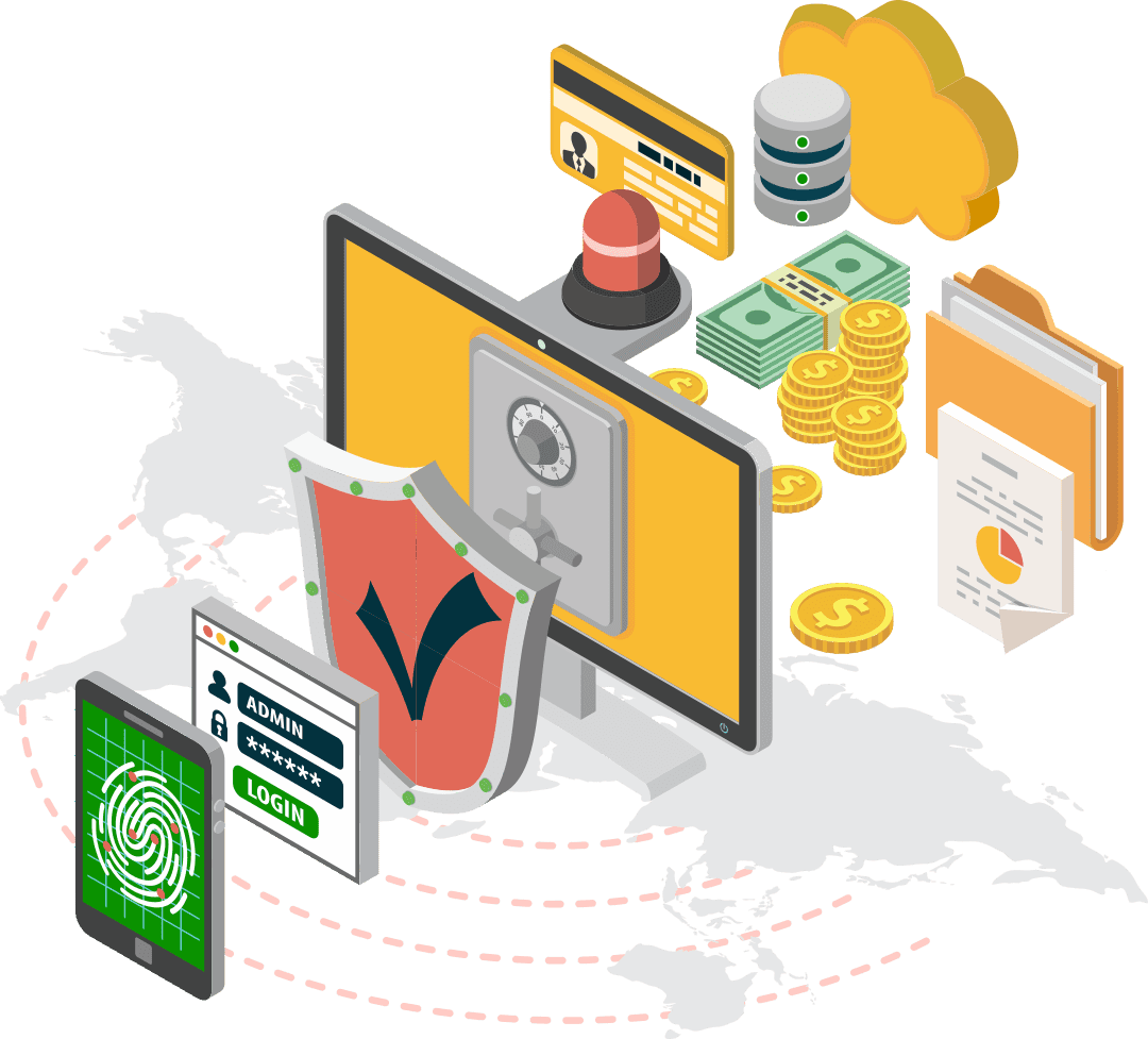 Visual representation of cybersecurity with a secure computer system protected by a shield and alarm, surrounded by icons of biometric login, cloud storage, ID cards, money, and documents highlighting secure access, fraud prevention, and data protection in financial and iGaming environments.