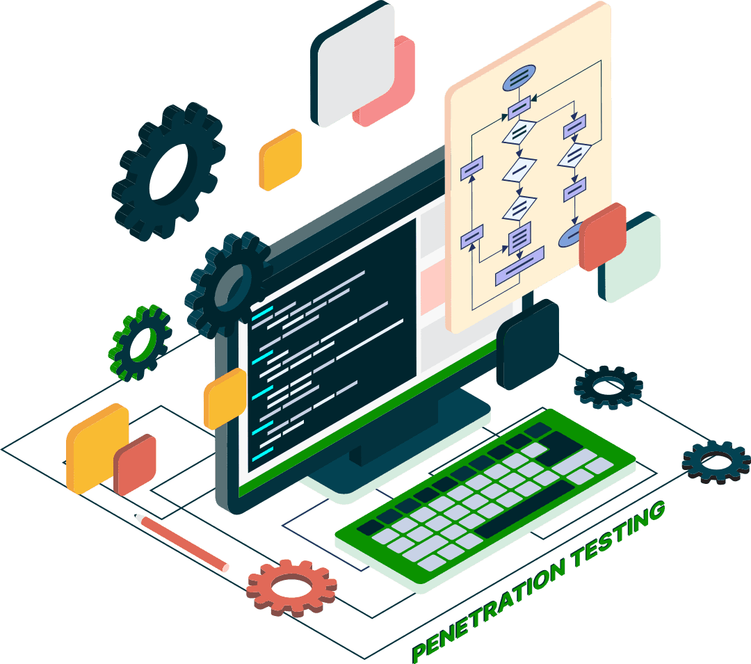 Illustration of penetration testing in progress, showing a computer screen with code, flowcharts, and gears — representing Gaming Associates’ approach to identifying vulnerabilities in iGaming platforms through advanced cybersecurity and regulatory-grade ethical hacking.