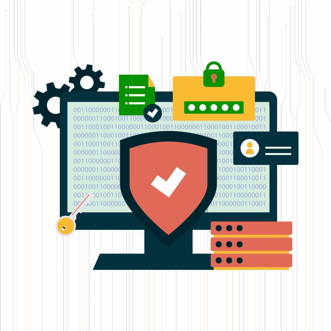 Validating Code Integrity - Icon style illustration of a computer screen with a shield, gears, and data modules illustrating secure RTP testing infrastructure and Gaming Associates’ commitment to integrity in testing services.