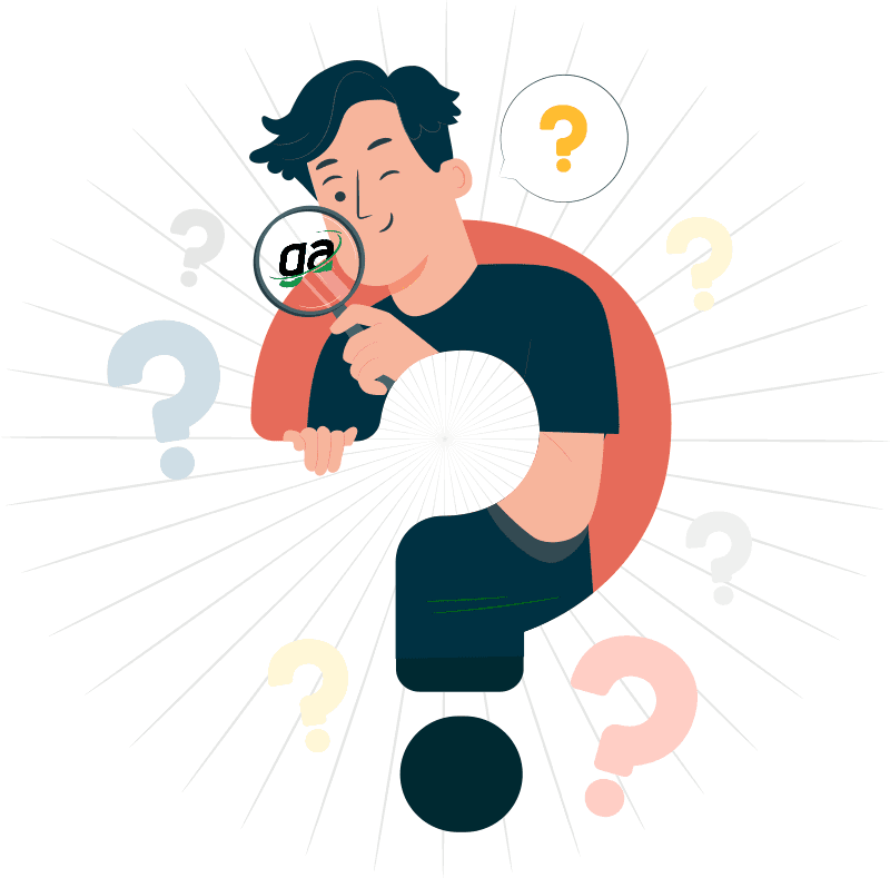Creative visual of a user searching with a magnifying glass and question marks, symbolising discovery and trust — reflecting how Gaming Associates helps clients navigate iGaming compliance, certifications, and regulatory clarity worldwide.