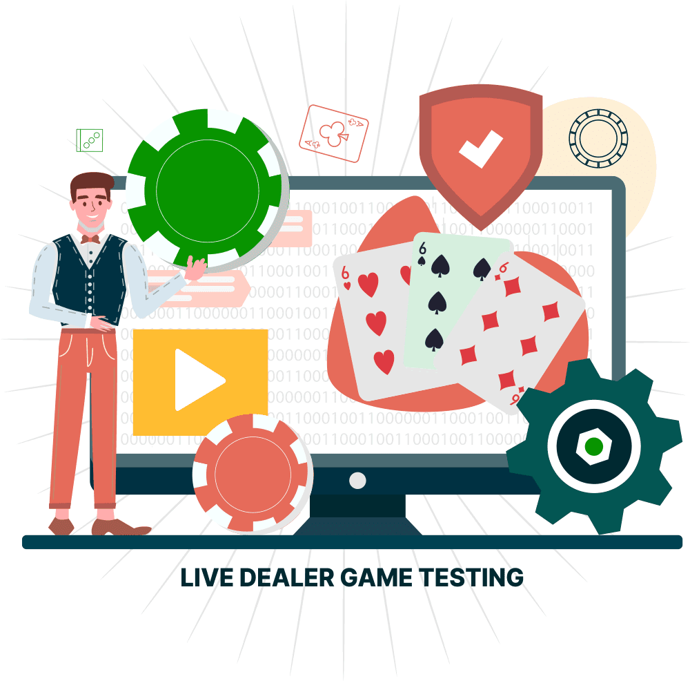Live Dealer Gaming -Illustration of a game streaming platform with a dealer wheel, security shield, and configuration gears symbolizing Gaming Associates’ live dealer gaming testing and infrastructure compliance services.