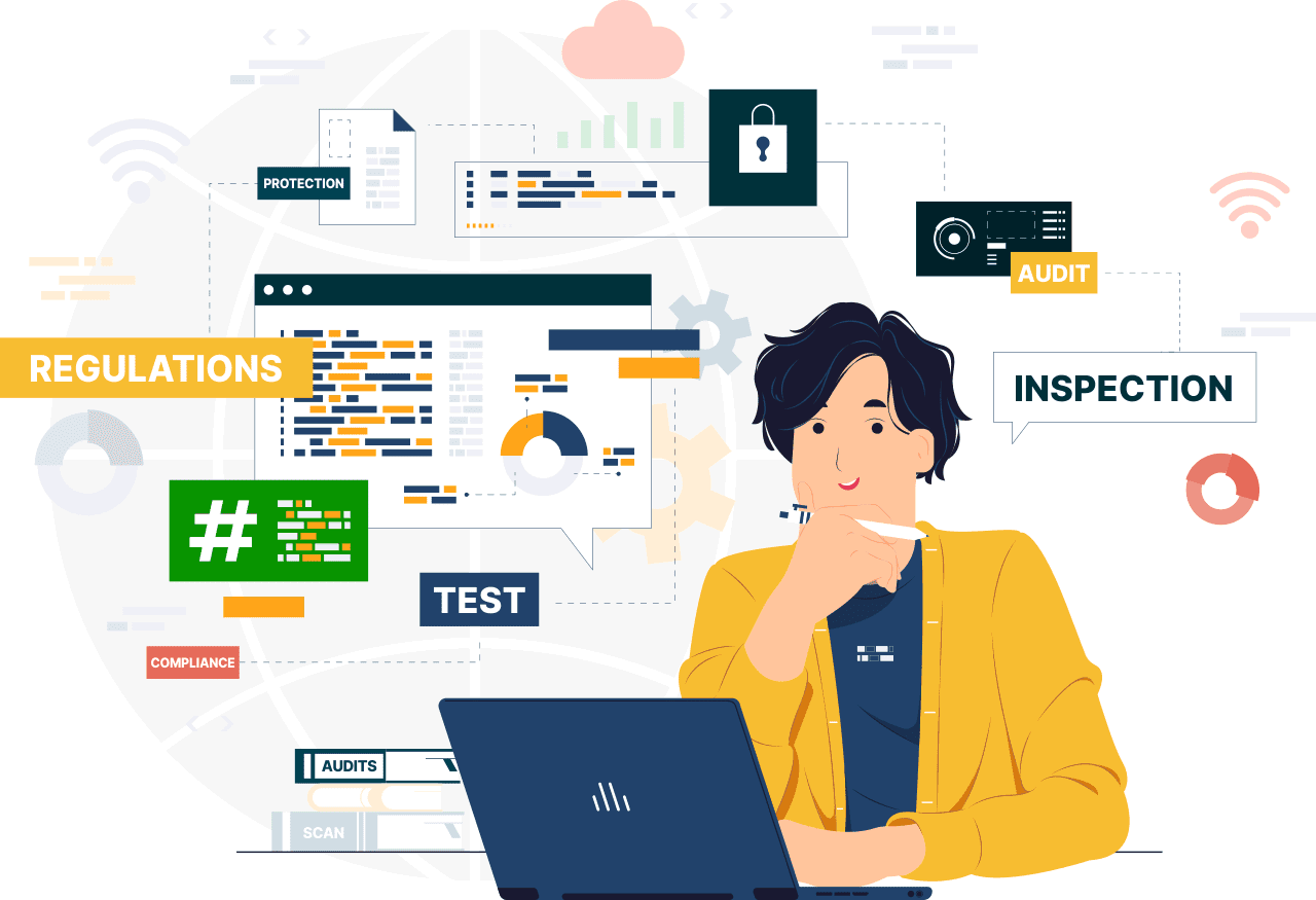 Illustration of a professional analyzing digital compliance and cybersecurity data on a laptop, surrounded by icons and terms like regulations, audit, inspection, protection, and testing representing iGaming regulatory assessment and technical audits.