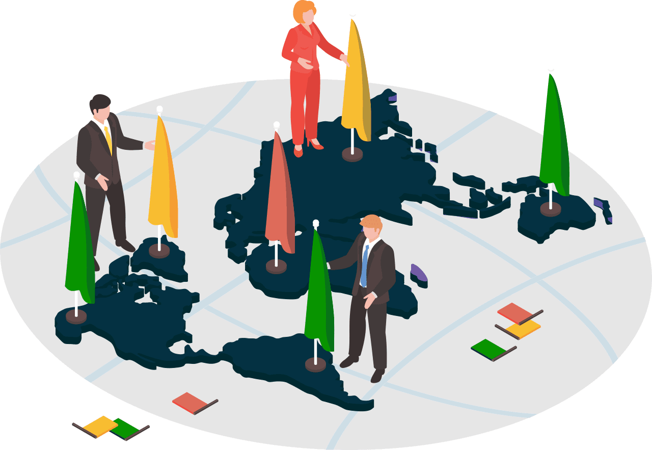 The illustration shows people marking world map, indicating global presence of Gaming Associates (ga) across 50+ Jurisdictions.