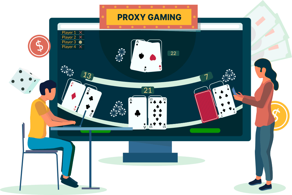 Isometric illustration of a casino proxy gaming setup with a live dealer, playing cards, and digital streaming interface representing Gaming Associates’ proxy gaming testing, fairness auditing, and secure remote wagering certification.
