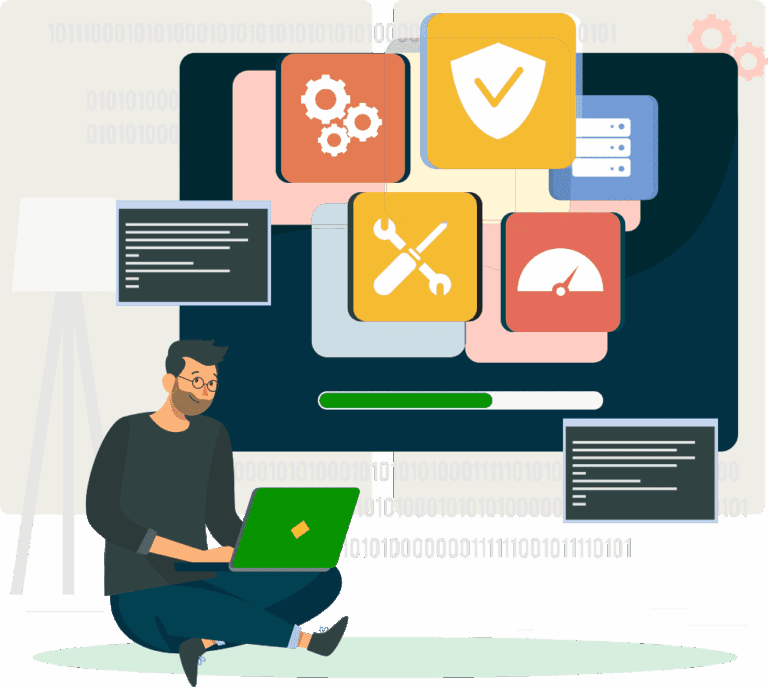 Illustration of a software tester using a laptop with icons of security, tools, performance, and system settings on a large screen, representing Gaming Associates’ iGaming testing, certification, and compliance solutions.