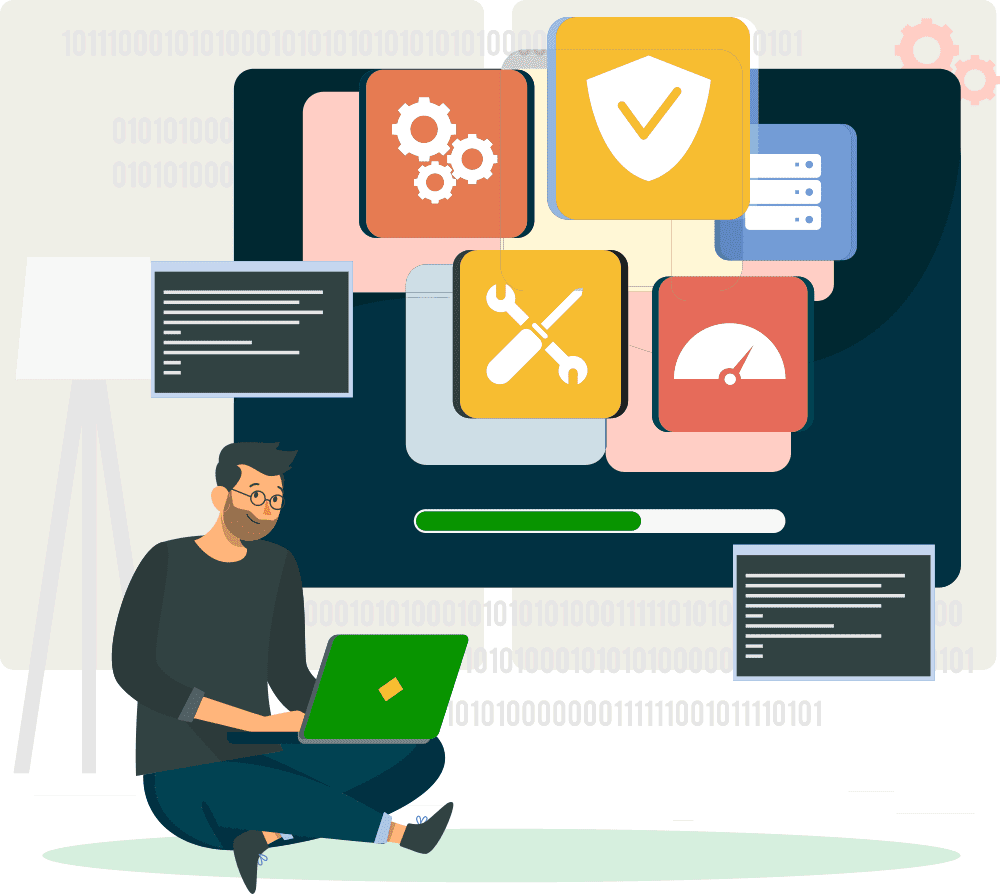 Illustration of a software tester using a laptop with icons of security, tools, performance, and system settings on a large screen, representing Gaming Associates’ iGaming testing, certification, and compliance solutions.