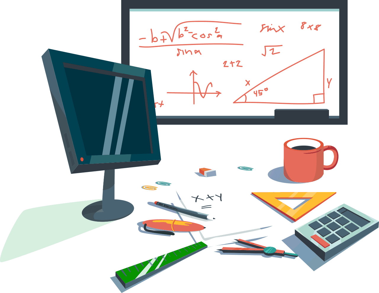 Online Mathematics - Desktop workspace with graphs, calculator, pens, and charts depicting the detailed statistical computations involved in calculating RTP and volatility for transparency and compliance.