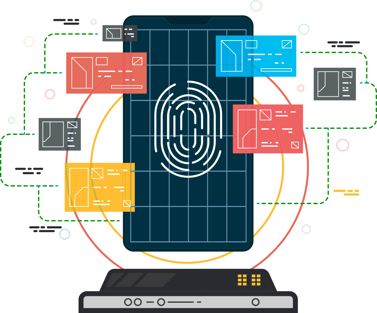 Illustration of biometric fingerprint verification on a digital device with interconnected data blocks representing Gaming Associates’ expertise in secure identity validation, system audits, and regulatory testing for iGaming compliance.