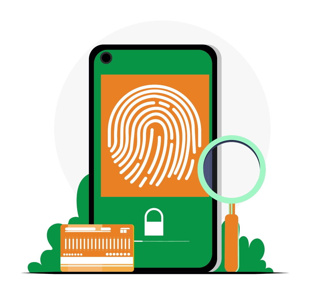 PCI ASV - A digital security concept illustration showing a smartphone with a fingerprint on its screen, a padlock icon.